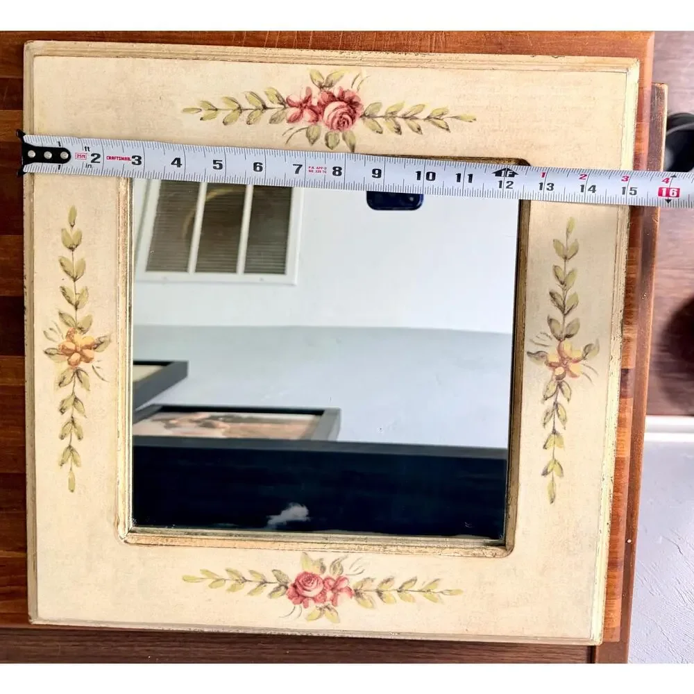 Vintage Hand-Painted Rose Floral Mirror, Cottagecore Shabby Chic Wall Decor